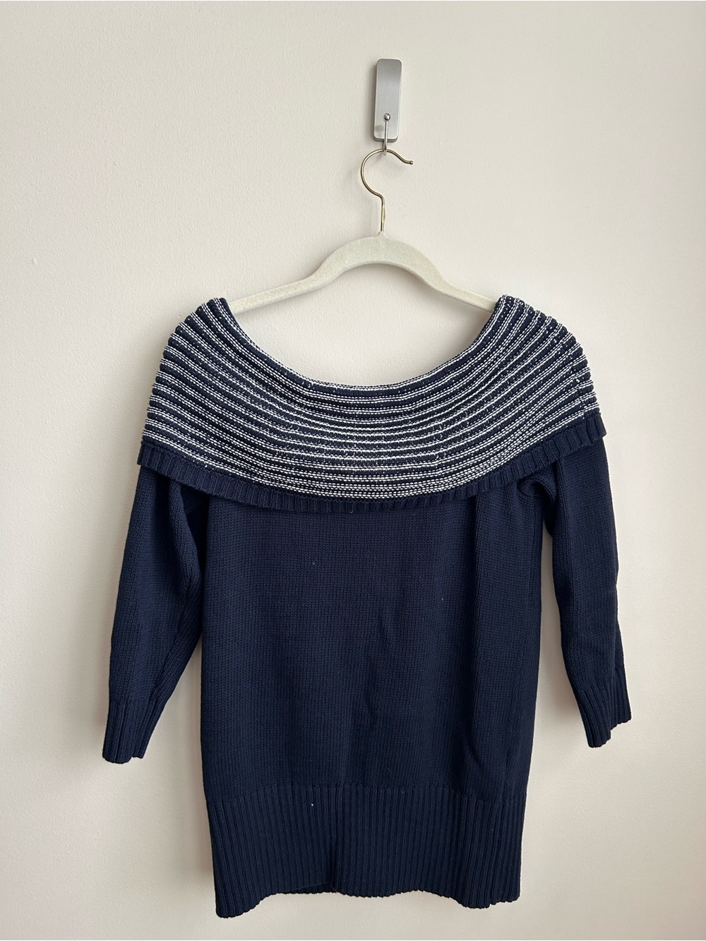 LOFT Navy and White Off-the-Shoulder Striped Yoke Sweater